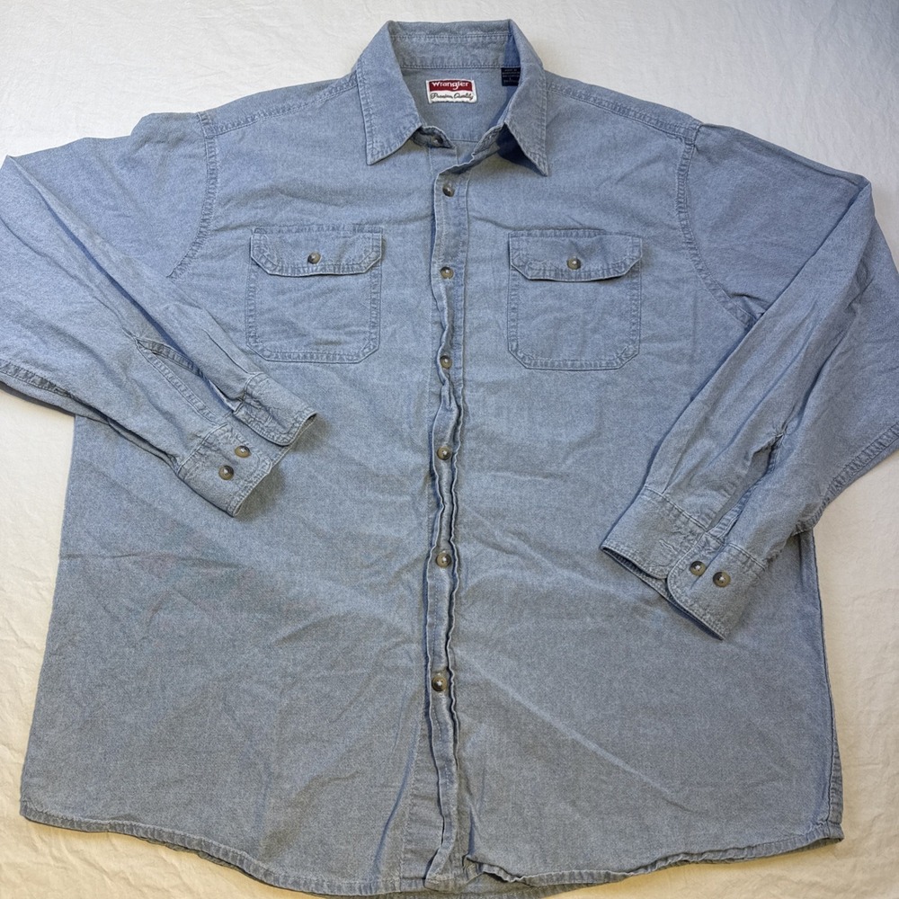 Wrangler Shirt Mens Large Blue Denim Long Sleeve Western Snap Pockets Casual